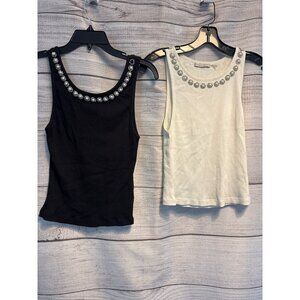 Alice + Olivia Kori Pearl Embellished Ribbed Tank Tops Size S